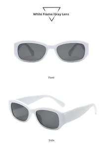 Nahaufnahme der weißen quadratischen Retro-Sonnenbrille mit grauen Gläsern und robustem Rahmen