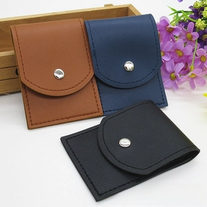 Three-color PU leather cases in brown, blue, and black with silver snap buttons and stitching