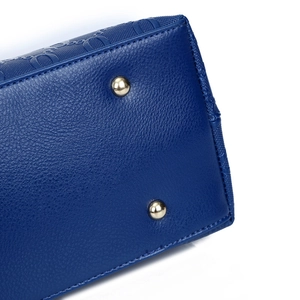 Navy blue faux leather handbag set with litchi texture and golden metal rivets
