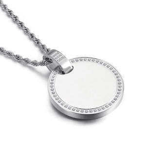 Polished silver titanium steel round pendant with CZ stones on a stylish twisted chain