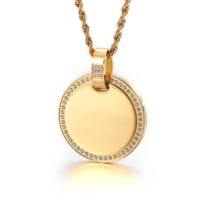 Round Pendant Necklace Stainless Steel With Rhinestones Inlaid Circle Mirror Surface Rope Chain Minimalist Jewelry Women