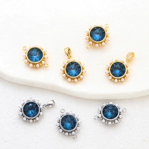 14k gold plated sunflower pendants with blue crystal and pearls for DIY jewelry making