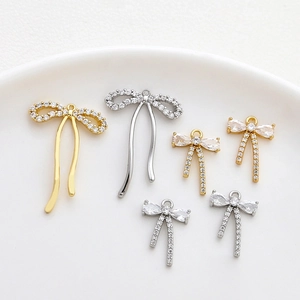 Bow tie pendants with 14k gold plating and sparkling zircon for DIY jewelry accessories