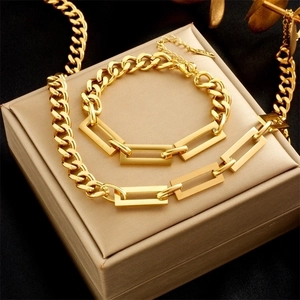 Fashion Stainless Steel Gold Plated Curb Chain Jewelry Set Heavy Metal Rectangular Link Necklace Bracelet For Women Men