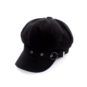 Classic black octagonal newsboy hat for women with stylish metal ring and buckle decoration