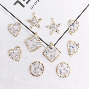 DIY Charms Pendants Alloy Gold Geometric Heart Star Shape With Faux Artificial Pearl And Rhinestone Oil Dripping Handcraft