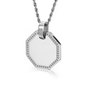 Polished octagonal titanium steel pendant with shimmering rhinestones on a twist chain