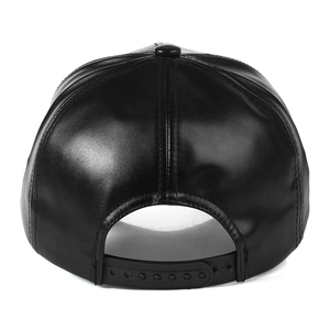 Rear view of black leather baseball cap featuring adjustable plastic strap closure