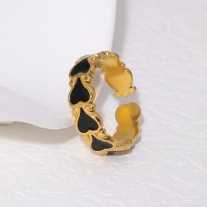 Minimalist 18K gold plated stainless steel open ring with black enamel heart design