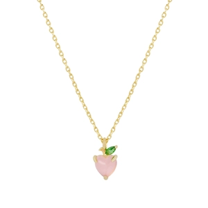 Collier doré avec pierre rose en forme de cœur et pendentif feuille verte élégant