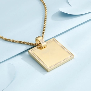 Square pendant necklace with CNC inlaid zircons on a gold-plated twist chain
