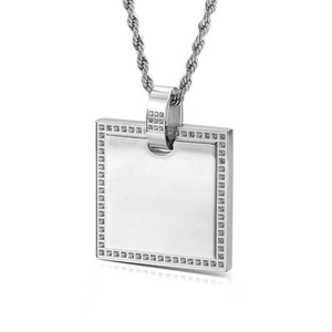 Elegant square pendant necklace with CZ inlay border on a silver twist rope chain