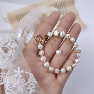 Baroque natural freshwater pearl bracelet with 14K gold-plated T-bar clasp for women