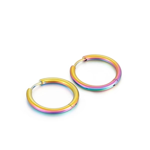 Titanium steel hoop earrings with rainbow gradient finish and hinged clasp closure