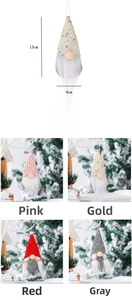 Detail of sequined knit gnome ornaments with white beard and size dimensions 13x6cm