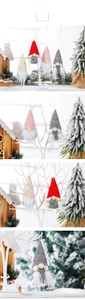 Macro detail of knit Christmas gnomes with sequins and wooden noses for festive decor