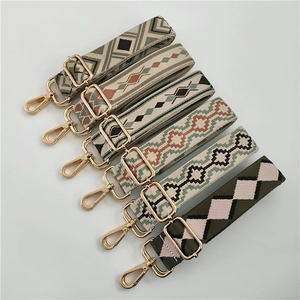 Adjustable jacquard ethnic wide shoulder straps with gold metal hooks for crossbody bags