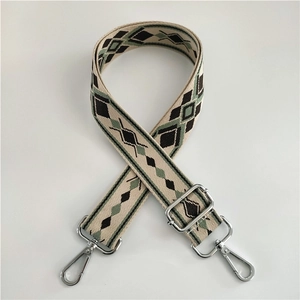 Detail view of ethnic jacquard shoulder strap with silver hooks and geometric patterns