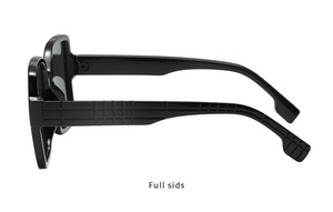 Detailed side view of black square sunglasses featuring textured grid patterns on temples