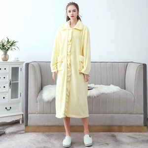 Long yellow coral fleece bathrobe with ruffles and large pockets for women winter