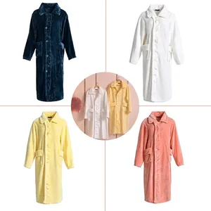 Long coral fleece bathrobe with ruffles and front buttons in four available colors