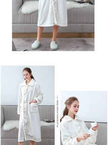 Detailed views of white coral fleece robe with ruffled lapel and thick winter fabric