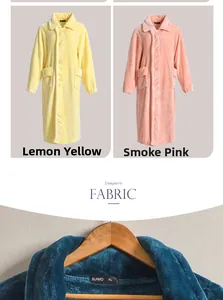 Detail of soft coral fleece bathrobes in lemon yellow and pink with button closure