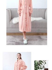 Detail of coral fleece bathrobe with ruffled edges and large pockets in peach pink