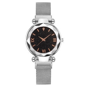 Elegant starry sky women's quartz watch with silver magnetic strap and faceted glass dial