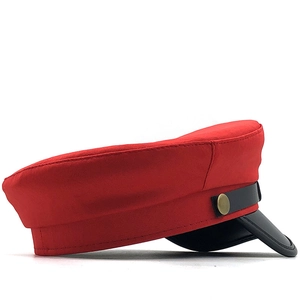 Red navy flat top military hat with black leather brim and vintage brass side buttons