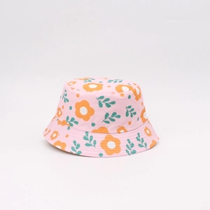 Pink bucket hat with orange floral print and green leaves for kids outdoor sun protection