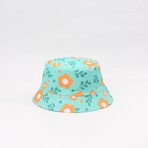 Detailed pattern of mint green bucket hat with orange floral prints and green leaves