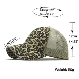Size chart showing baseball cap dimensions with leopard print and breathable mesh detail