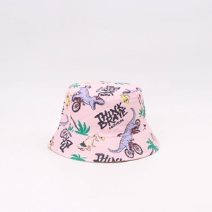 Close-up of pink sun hat with cartoon dinosaur print and Think Brave California text