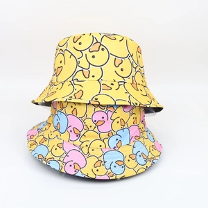 Fashionable outdoor sun hats with cute cartoon yellow duck prints in blue and yellow colors