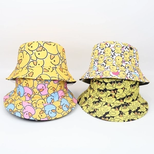 Fashionable outdoor bucket hats with cartoon duck prints in assorted colors for sun protection