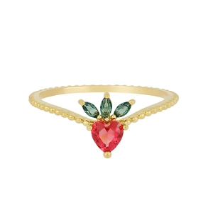 Golden cherry fruit ring with red heart gem and green leaves on a beaded band