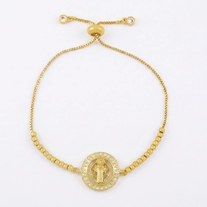 Adjustable gold plated zircon bracelet with religious virgin mary medallion pendant