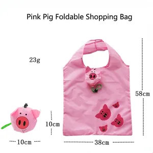 Foldable pink pig pattern shopping bag made of waterproof oxford fabric with handle