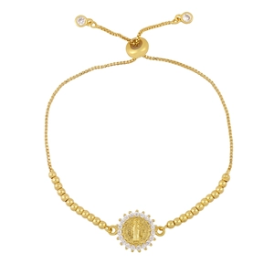 Adjustable gold bracelet with Saint Benedict medal pendant and micro-set cubic zirconia