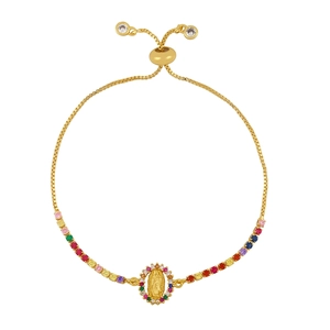 Adjustable gold box chain bracelet with colorful zircon stones and religious medal charm