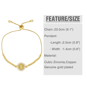 Detail of adjustable gold-plated copper bracelet with sunburst charm and micro-set cubic zirconia