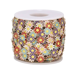 Colorful 10mm enamel daisy flower chain roll in gold finish for DIY jewelry making