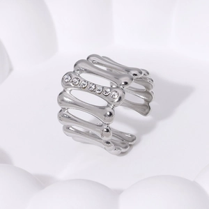 Silver skeletal open ring in stainless steel with seven inlaid diamonds for women