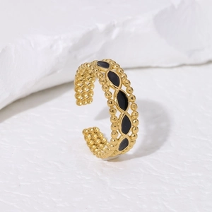 Vintage 18K gold plated stainless steel open ring with black enamel drip inlay design