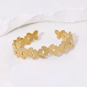Bracciale rigido regolabile in acciaio inossidabile dorato con motivi ad ala di farfalla