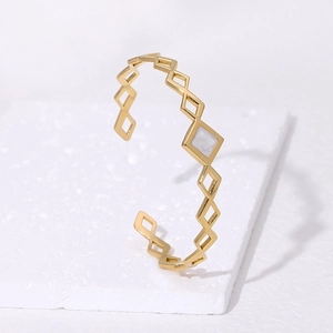 Geometric Hollow Rhombus Open Cuff Bracelet Stainless Steel Gold Plated With Black Enamel Minimalist Jewelry For Women