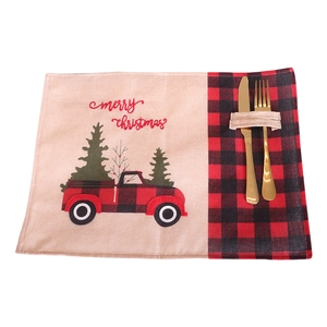 Christmas car pattern linen placemat with cutlery pocket and Merry Christmas embroidery