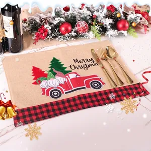 Christmas Burlap Placemats With Cutlery Pocket Embroidery Red Truck Gnome Buffalo Plaid Rustic Farmhouse Holiday Table Decor