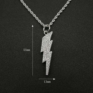 Hip hop silver lightning pendant necklace with full rhinestones on a rope chain